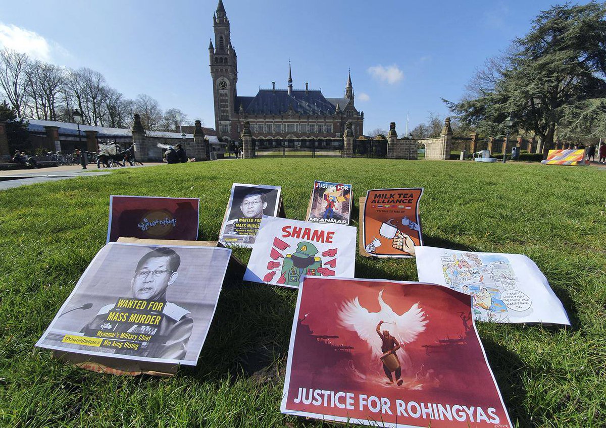 Protest with posters on Myanmar coup leader MinAungHlaing's mass murder in front of ICJ at the Hague. 
<a href="/CIJ_ICJ/">CIJ_ICJ</a> <a href="/ICJ_org/">ICJ</a> <a href="/ICJ_Asia/">ICJ - Asia and the Pacific</a> 
ANTIFASCIST REVOLUTION
#AntiFascistRevolution2021 
#Mar27Coup 
#WhatsHappeningInMyanmar