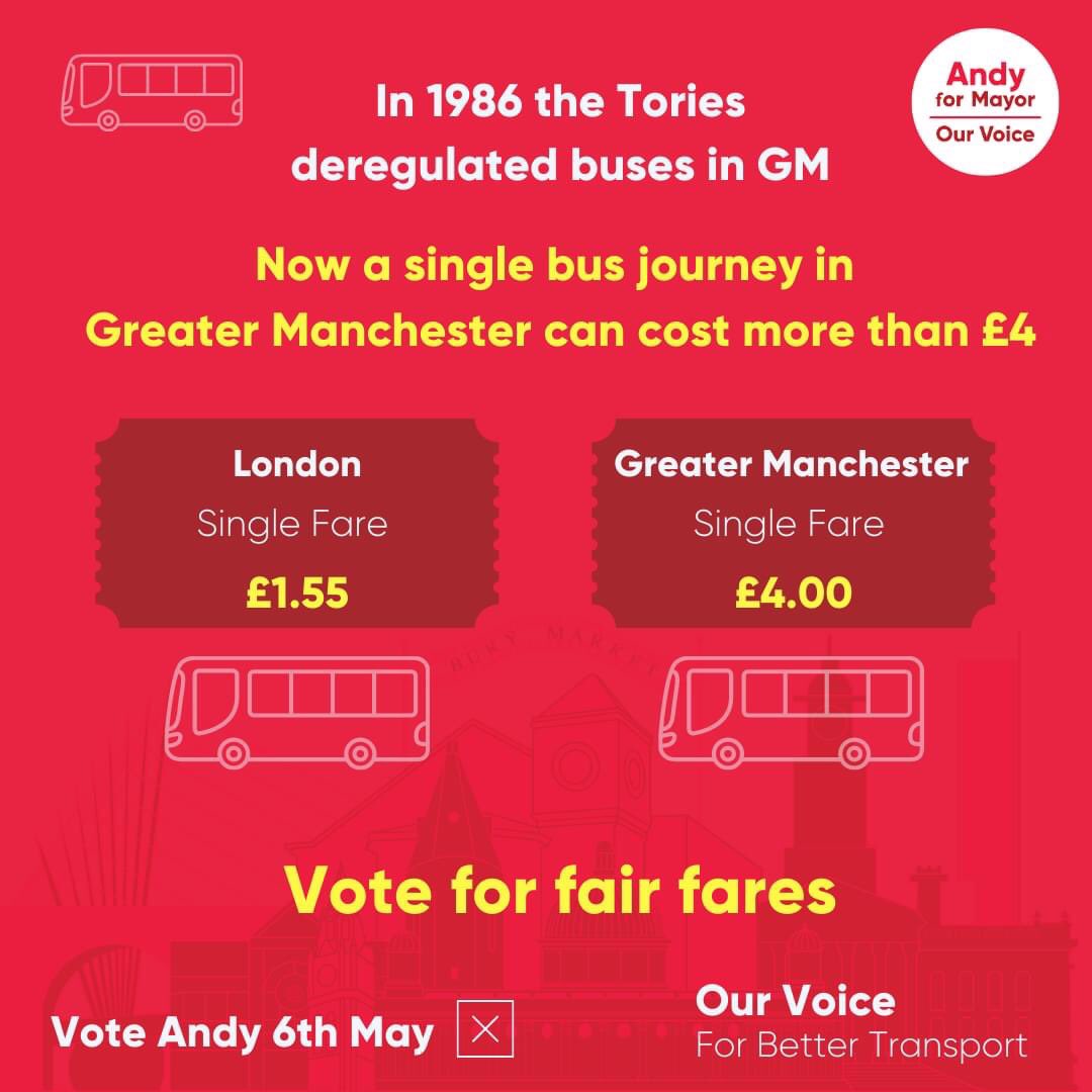 You have a choice on May 6: GM Tories want to maintain a failed system. Andy wants to put buses back under public control. 

Vote Andy for #FairFares #BetterBuses #AndyforMayor #OurVoice