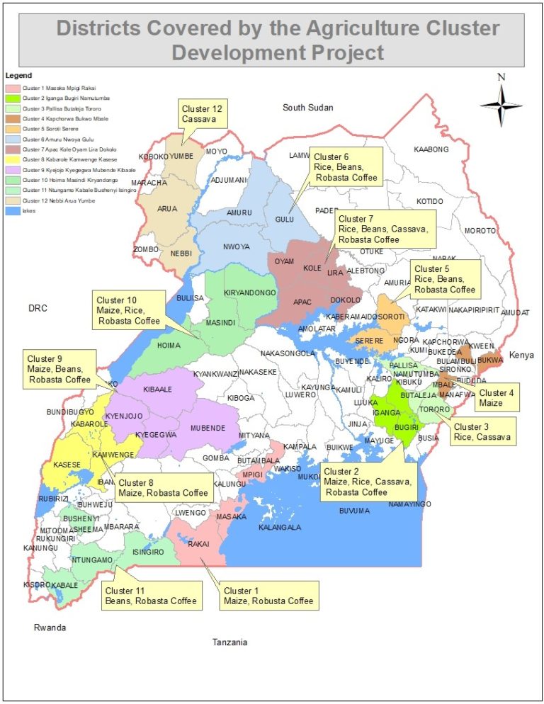 GovUganda's tweet photo. The project covers 12 Geographical clusters comprising 57 districts and each of the districts has different projects depending on what is produced in the region. #GovDeliversUG https://t.co/OdHd6o0AIh