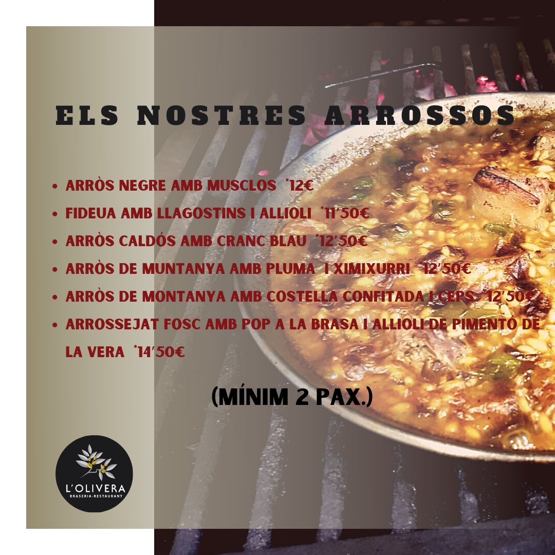 BraseriaOlivera's tweet photo. I seguim amb la nostra CARTA D’ARROSSOS!!! 
#cuinempertu #arros #arrossos #capdesetmana #takeaway #menjarperemportar #bages #santpedor #braseriaolivera https://t.co/uVSNTk68UD