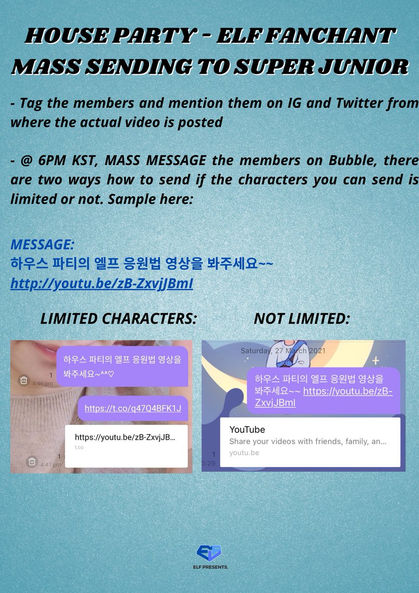 ELFPresents's tweet photo. #SUPERJUNIOR - #HouseParty (ELF FANCHANT)
MASS SENDING ON TWITTER/IG/LYSN @ 6PM KST

CAPTION: 하우스 파티의 엘프 응원법 영상을 봐주세요~~ https://t.co/xIgM6AhSlZ

#이특버블 #희철버블 #여성버블 #신동버블 #은혁버블 #시원버블 #동해버블 #려욱버블 #규현버블 @SJofficial https://t.co/7Tnj2NViXx