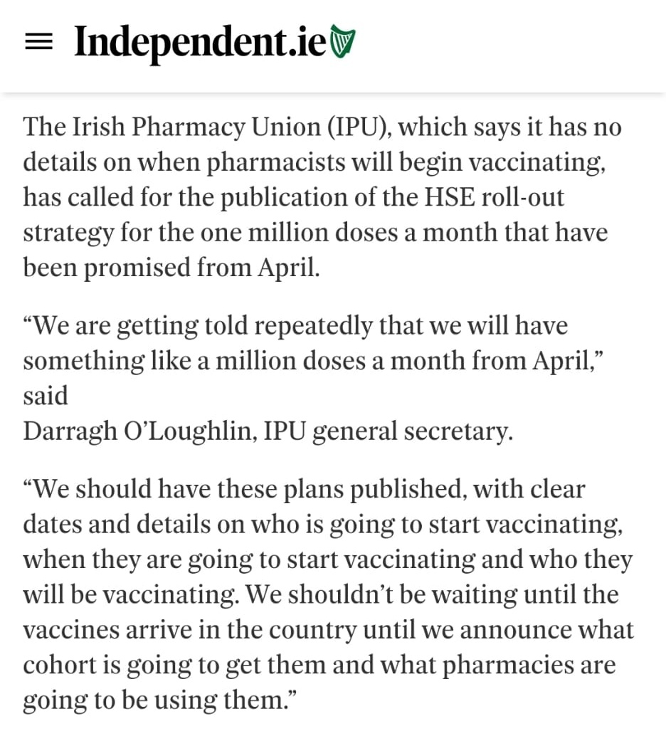 Darragh_OL's tweet photo. Pharmacists nationwide with long experience of vaccination and up-to-date training are ready to vaccinate their communities, but still no date for when they can start... #VaccinesWork #VaccinesSaveLives #GetIrelandVaccinated #ThinkPharmacy
https://t.co/10f6o37ojj https://t.co/J4zFvL1Htv