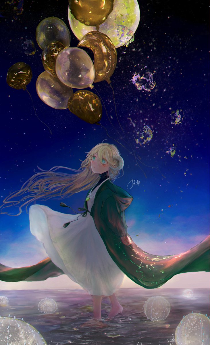 1girl long hair solo star (sky) sky dress blonde hair  illustration images