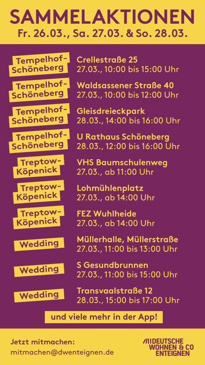 dwenteignen's tweet photo. 🐓Raus aus den Federn, ihr Lieben 🐓- heute ist ein guter Tag, um uns die Stadt zurückzuholen! 

Heute ist Sammeln angesagt, aber auch die große Demo Housing Action Day 💪🏼

Du findest Aktionen auf https://t.co/1kY8IcEIDi, in der App und eine Auswahl hier 👇 Wir sehen uns! 💜💛💜 https://t.co/cBOI0KfO2S