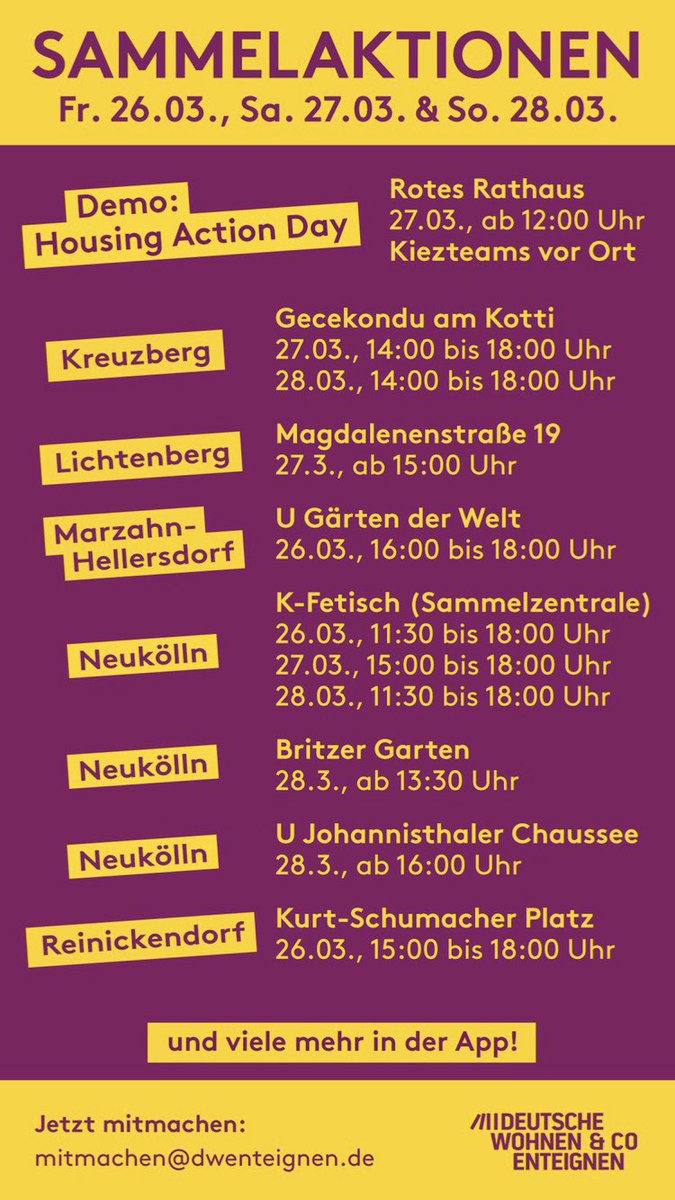 dwenteignen's tweet photo. 🐓Raus aus den Federn, ihr Lieben 🐓- heute ist ein guter Tag, um uns die Stadt zurückzuholen! 

Heute ist Sammeln angesagt, aber auch die große Demo Housing Action Day 💪🏼

Du findest Aktionen auf https://t.co/1kY8IcEIDi, in der App und eine Auswahl hier 👇 Wir sehen uns! 💜💛💜 https://t.co/cBOI0KfO2S