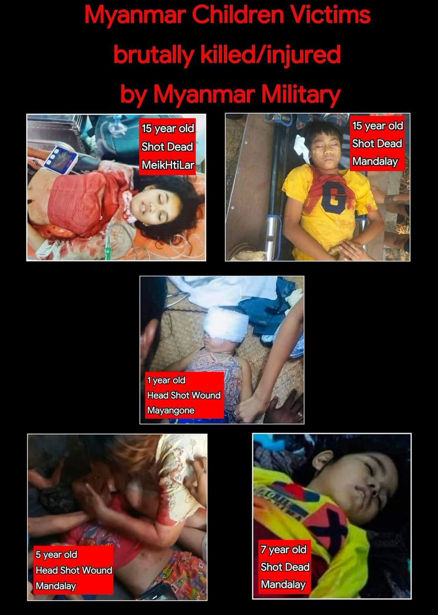 AyeChannMinn's tweet photo. These are the pictures of innocent children brutally killed/injured by Myanmar Armed Group so called themselves 'Nation's Military'. 
From 1 year old to 15 year old were wounded or shot dead so far. 
All of them got shot while staying inside their homes.
#Mar27Coup https://t.co/GztkxVzxOk