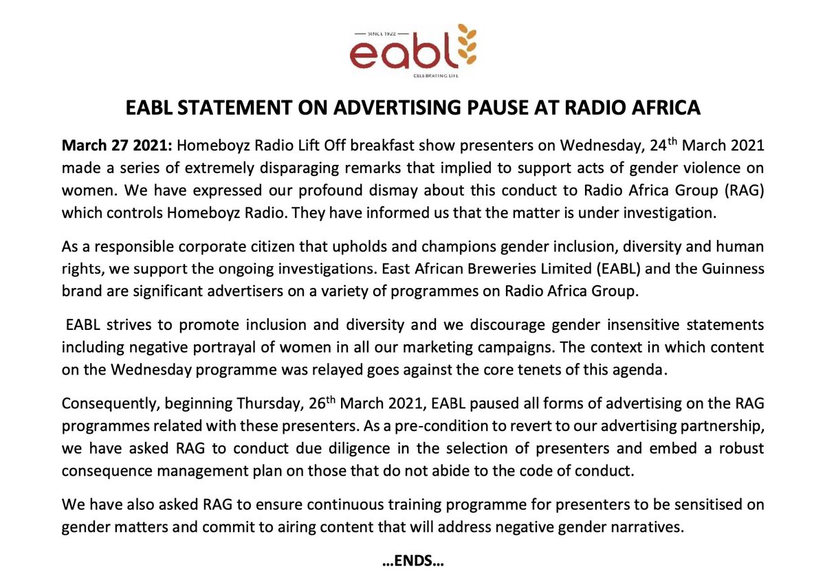 EABL STATEMENT ON ADVERTISING PAUSE AT RADIO AFRICA.