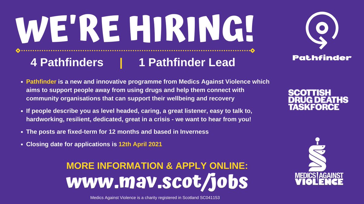 MAVscotland's tweet photo. WE'RE HIRING!

We are looking for 5 incredible people to be Pathfinders in Inverness as part of a new programme from @MAVscotland run in collaboration with the @Scottish_ddtf 

The project aims to support people away from drug use to healthier lives.

https://t.co/8r8dmuGif1 https://t.co/vRFplcpf35
