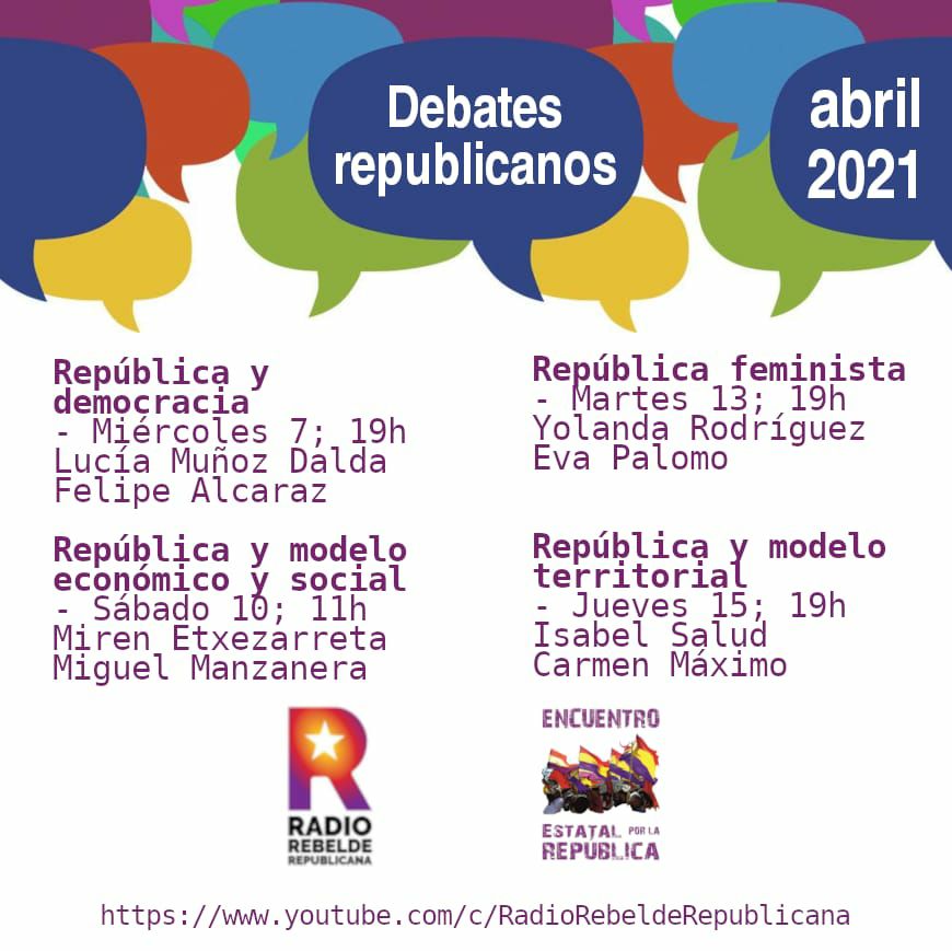 📢 DEBATES REPUBLICANOS 
Abril 2021 #14AbrilRepública 
 
 *República feminista* 
- Martes 13 - 19:00
<a href="/yoli595959/">Yolanda Rodriguez🔻🇯🇴</a>
Eva Palomo
Modera: Encarnación Núñez 

 *República y modelo territorial*   
- Jueves 15 - 19:00
Carmen Máximo
Isabel Salud 
Modera: Javier de Miguel

🟥🟨🟪
