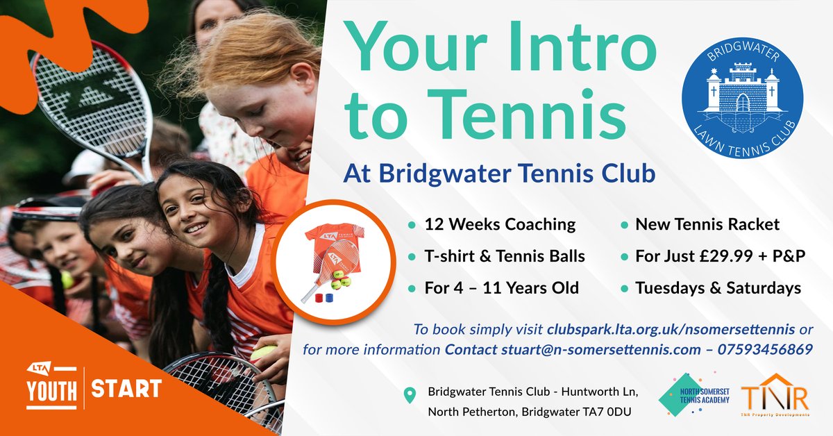 bridgwaterltc's tweet photo. Don't miss out on your FREE tennis racket, T-shirt and tennis balls - tennis coaching courses for 4-11 year olds at Bridgwater Tennis Club https://t.co/mLbEmZtW0S