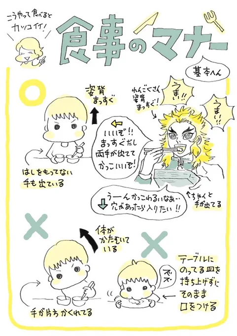 noteにも載せた食事マナーの息子向けミニポスター。

座談会で、子どもに伝える手段のひとつとして「視覚化」がいいと言わたの、noteまとめてて思い出して、つい最近、描いてみたやつ。

しかし煉獄さんは生きる姿勢も食事の姿勢もすばらしくて最高だ!😆 