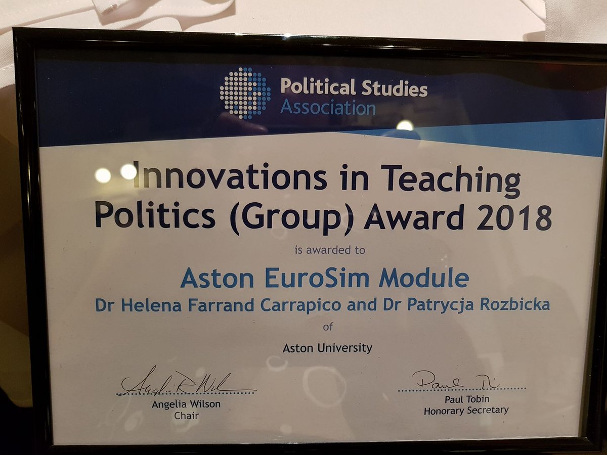 patibeast's tweet photo. While I am participating with my students (@sim_euro) in #EuroSim2021 on an exact day three years ago, together with @hcarrapico, we have received @PolStudiesAssoc Award for the Innovation in Teaching for 'Aston EuroSim module'π Here is to the many successful cohorts to comeπ₯ https://t.co/L95PnBPq59
