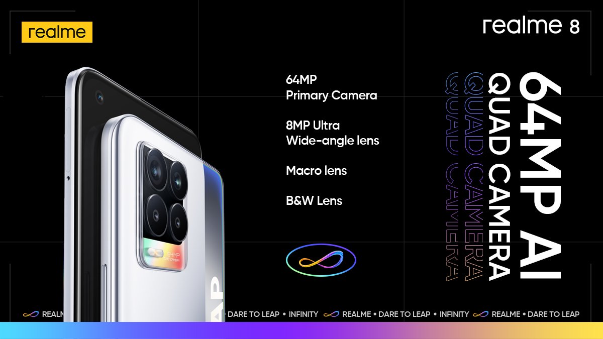 realmeIndia's tweet photo. Clear pictures, all day!
Flaunting a 64MP AI Quad Camera, the #realme8 ensures clarity during the day and night. 
It offers 119° Ultra-wide Angle lens, Macro lens and B&amp;W Portrait lens.

Buy now: https://t.co/0398tu2yd6 https://t.co/qE3pOLP6Gc