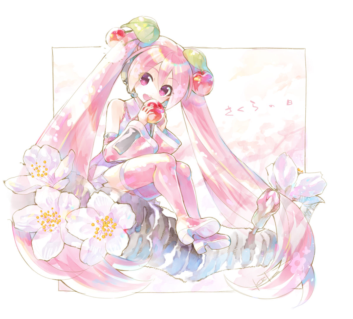 hatsune miku ,sakura miku 1girl long hair solo hair ornament food pink hair very long hair  illustration images