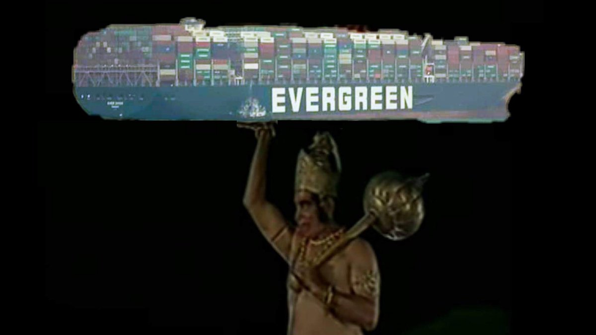 sagarcasm's tweet photo. Only Hanumanji can solve the Suez Canal problem https://t.co/HkkVBcU2K5