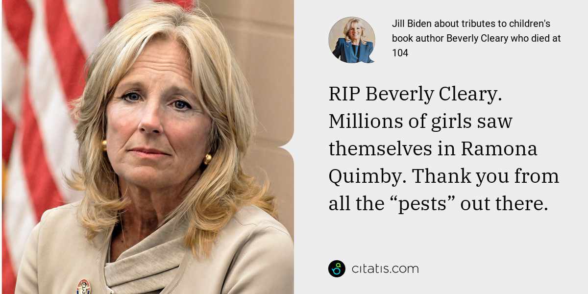 citatiscom's tweet image. Find the whole article here: citatis.com/news/6171/

#citatis #citatisnews #newsquote #news #JillBiden #BeverlyCleary #Tributes #writer #childrensbook #world #worldnews #LatestNews