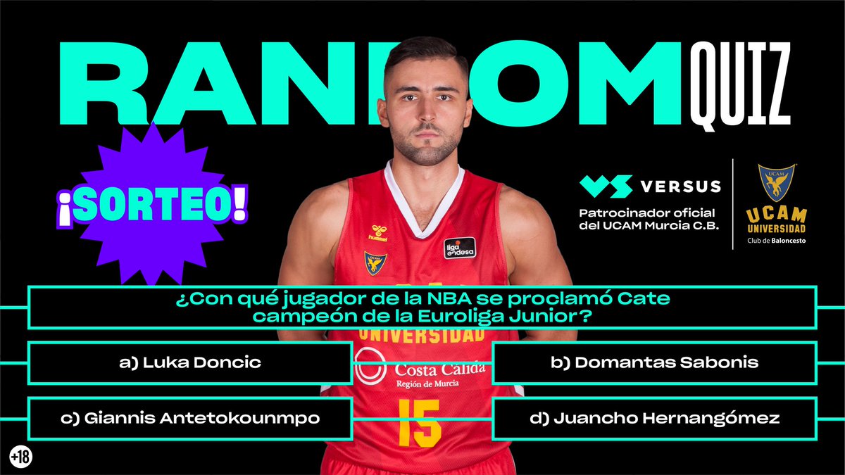 UCAMMurcia's tweet photo. 😎 | RANDOM QUIZ |
🎽 ¿Quieres ganar una sudadera oficial del @UCAMMurcia?
✍️ ¡Atentos, que os decimos cómo!
1️⃣ Sigue a @UCAMMurcia y a @VERSUSapuestas.
2️⃣ Responde correctamente a la pregunta.
3️⃣ Haz RT y menciona a un amigo.
🔞 Solo
#RandomQuiz https://t.co/i12u3jJWuk