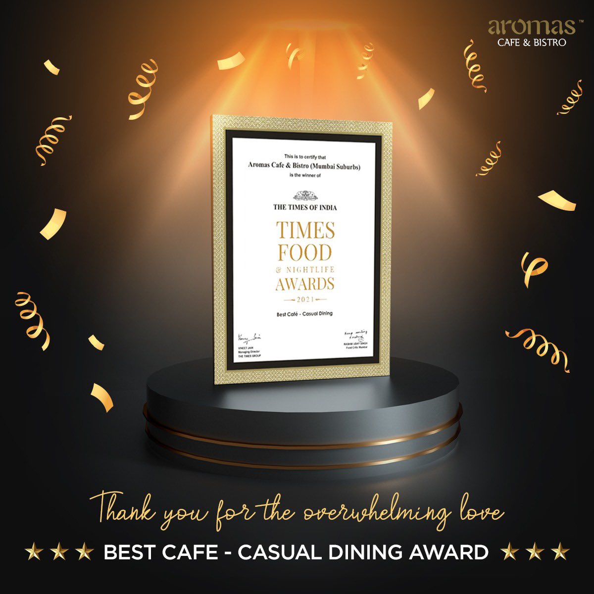 AromasCafeIndia's tweet photo. Getting awarded for ‘Best Cafe - Casual Dining’ at Times Food &amp; Nightlife Awards 2021, is a moment of pride &amp; a moment of gratitude. We want to thank everyone for your love and support.

#AromasCafe #Bandra #Juhu #Powai #Thane #TheWalk #Vashi #Oshiwara #Indiabulls #Seawoods https://t.co/76h7BwOGMD
