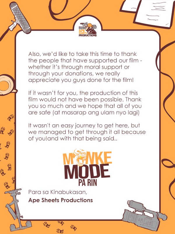 ApeSheetsProd's tweet photo. Hello, we're still here! Sorry to keep you waiting - traffic eh 😅 We've run into a few bumps with our film production, pero tuloy parin ang laban! Get ready to start counting down with us real soon! 😜

Thank you sa lahat ng sumuporta sa amin ❤ Sana laging masarap ulam nyo :"> https://t.co/gysXfs1lhr