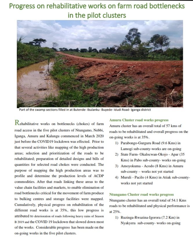 GovUganda's tweet photo. Rehabilitative works on bottlenecks (chokes) of farm road access in the five pilot clusters of Ntungamo, Nebbi, Iganga, Amuru and Kalungu commenced in March 2020 just before the COVID19 lockdown was effected. #GovDeliversUG https://t.co/gZx1UyPyyZ