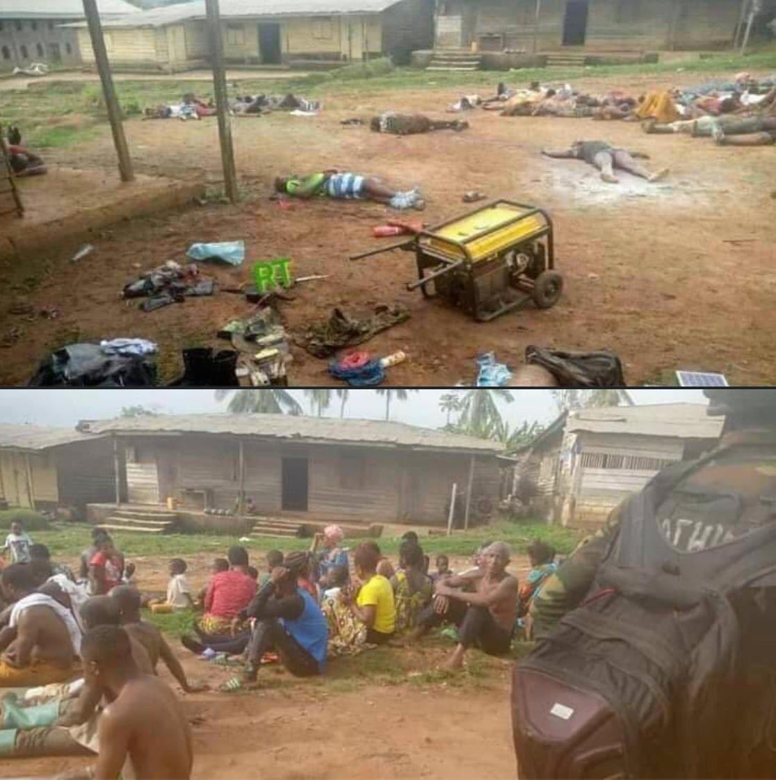 OjongPiran's tweet photo. Breaking Sad News 😭😭 
About 38 harmless civilians , including Women, Children ,elderly, bundled together by Cameroun soldiers and executed, in Mbonge S.W Region none of the civilians have a single weapon ,You can also picture about 5 Mothers with their children,all killed @CNN https://t.co/pYdSxNkJ7D
