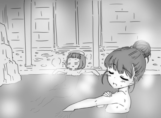 ファンボックスに『福山舞ちゃんと舞ちゃんPさんが一緒に温泉に入っているところ』リクエストが来たので描きました、追伸で「彦二さんの正義はとても強いので舞Pさんのエッチな部分はガードしてくれると信じています」と書かれていたので正義をきちんと守りました 