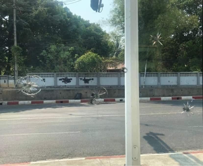 May_Zune_Win's tweet photo. American Center on University Avenue Road, Yangon was fired 4times at 2:26PM today by the Myanmar Junta. Luckily, the security guards were not injured.
#Mar27Coup
#WhatsHappeningInMyanmar https://t.co/EUcbAAL12l