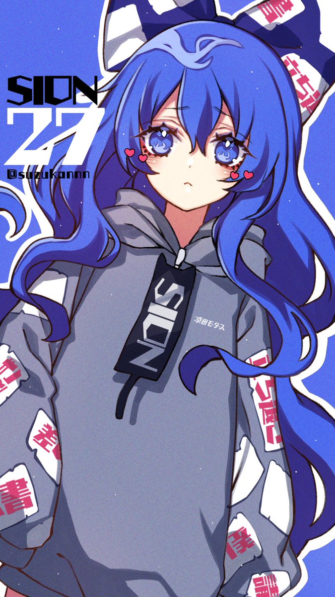 yorigami shion 1girl solo hoodie long hair bow blue hair blue eyes  illustration images