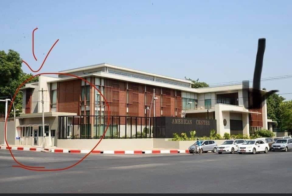 kotoeymb's tweet photo. An American Centre in University avenue road has been shot 4 times by Military Junta (SAC) today at 2.26pm. ANTIFASCIST REVOLUTION 
#AntiFascistRevolution2021 #WhatsHappeningInMyanmar #Mar27Coup https://t.co/Qe4hIqTGgb