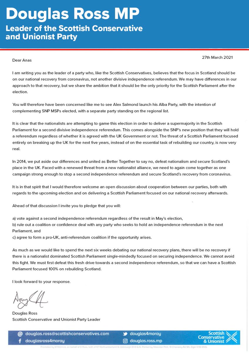 Douglas4Moray's tweet photo. Let’s get around the table @AnasSarwar &amp; @willie_rennie

The SNP &amp; Salmond's party are aiming for an independence super-majority. 

Let’s meet the new threat of indyref2 with an equally strong response. 

We're still Better Together, so let’s work together. 

You have my letter👇 https://t.co/Eu3EcYOsWr
