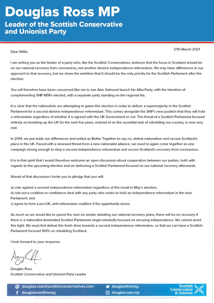 Douglas4Moray's tweet photo. Let’s get around the table @AnasSarwar &amp; @willie_rennie

The SNP &amp; Salmond's party are aiming for an independence super-majority. 

Let’s meet the new threat of indyref2 with an equally strong response. 

We're still Better Together, so let’s work together. 

You have my letter👇 https://t.co/Eu3EcYOsWr
