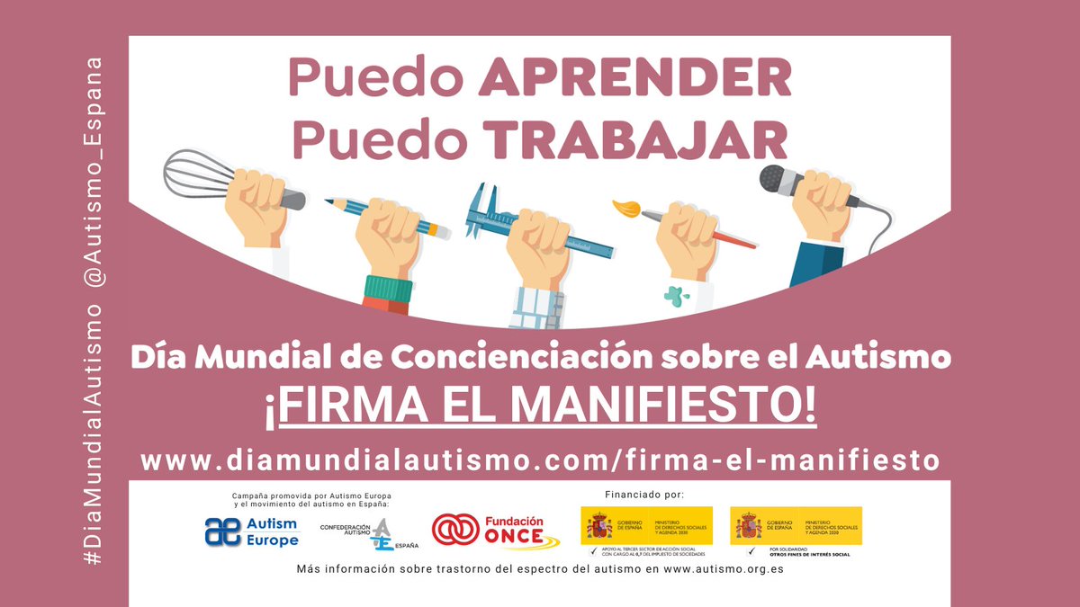 Autismo_Espana's tweet photo. Hemos compartido testimonios de personas con #TEA, familiares y profesionales en el marco de la campaña  #PuedoAprenderPuedoTrabajar. Muestra tu apoyo a la igualdad de oportunidades para el colectivo ✒️ firmando el manifiesto 📃  del #DiaMundialAutismo https://t.co/YL8fqasIgy https://t.co/7cPhNej6Um
