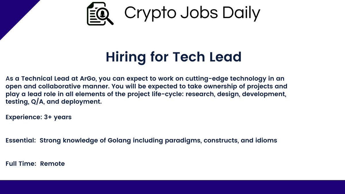 TalentLevelUp's tweet photo. The @argoapplive team are hiring for a Tech Lead π
Apply below or tag someone below who is a good fit for the job π
π View here: https://t.co/kP45RdT5q7
π View all jobs: https://t.co/Dgg4dT1GN3
π Remote
#hiring #blockchain #CryptoJobsDaily #Argoapplive https://t.co/UCPgETGHSY