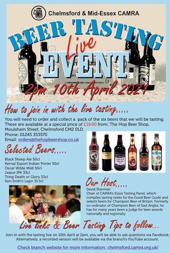 ChelmsfordCAMRA's tweet photo. An invitation for an online #BeerTasting event being held by @ChelmsfordCAMRA on Saturday 10 April at 2pm.

Buy the #beers from The Hop Beer Shop on Moulsham Street #Chelmsford and join in via the web stream - more info 👇

https://t.co/4XwxinJPY2

#CheersToChelmsford 🍻
#Essex https://t.co/Ijlsw2TgtV