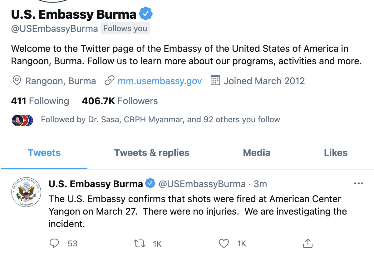 The U.S. Embassy confirms that shots were fired at American Center Yangon on March 27.  There were no injuries. <a href="/USEmbassyBurma/">U.S. Embassy Burma</a> 
#WhatIsHappeningInMyanmar #Mar27Coup