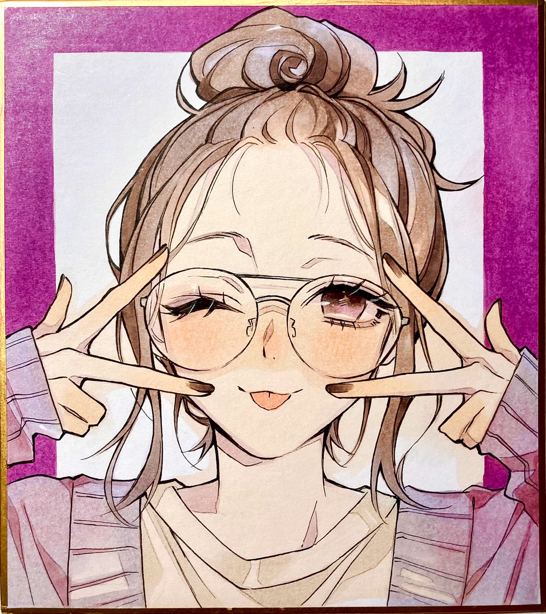 1girl solo glasses smile hood brown hair traditional media  illustration images