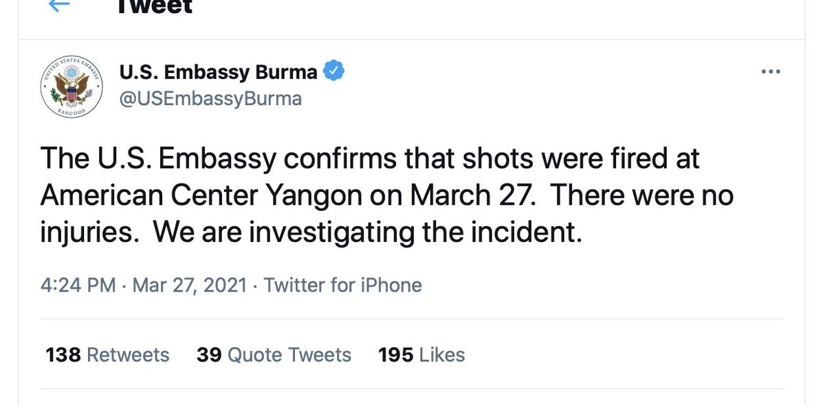 The US Embassy in Myanmar confirms that unknown assailants fired shots at the American Center it runs in Yangon. No one was injured.