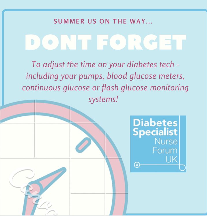 DSNforumUK's tweet photo. It’s that time of year again when summer is on its way... ☀️ 😎 

Don’t forget if you are using any diabetes tech then you will need to adjust the times so you’re safe to use it! 👍🏻

⏰ #SpringForward #BritishSummerTime https://t.co/F4irWZPWCK