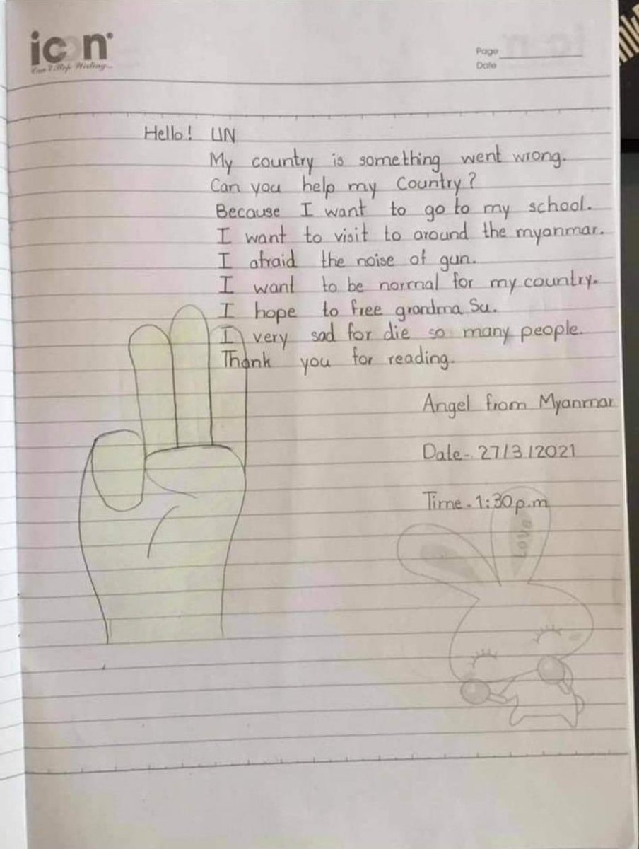 9year old girl’s letter for UN.
Today more than 80 people were shot to death including children. 

Please save #Myanmar.
Please save our children. 

<a href="/UNICEF/">UNICEF</a> <a href="/UN/">United Nations</a> 
#WhatsHappeningInMyanmar 
#Mar27Coup 
#AntiFascistRevolution2021