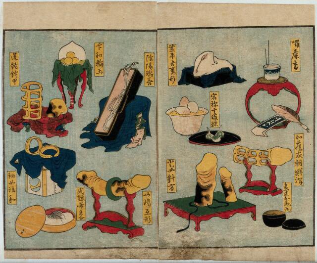 WhoresofYore's tweet photo. Various sex aids, including dildos, artificial vulva, penis supports etc. Japanese colour woodcut, ca. 1830.

(Wellcome Collection) https://t.co/pXKxFG8g4R