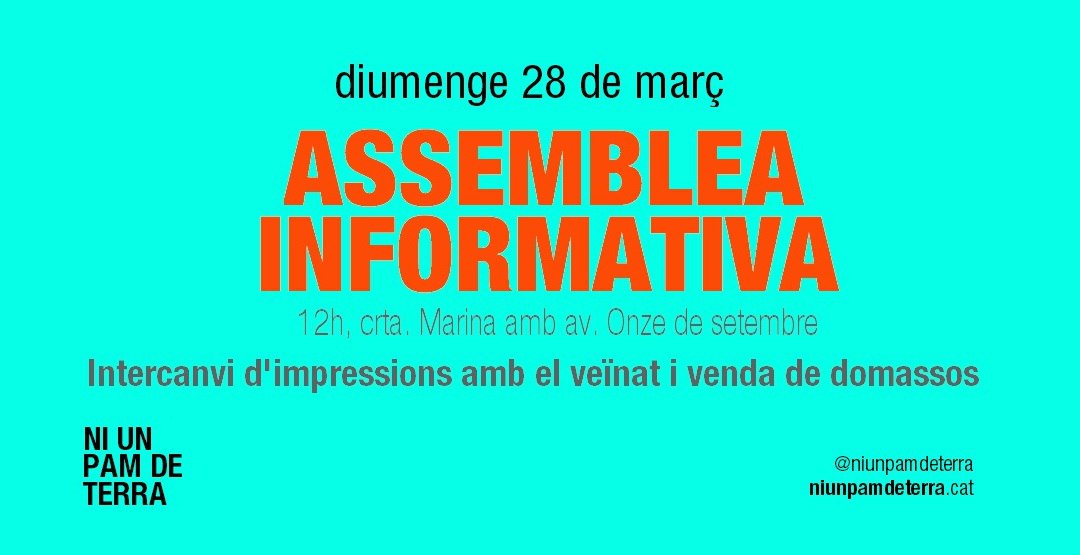 niunpamdeterra's tweet photo. 🔴Demà diumenge a les 12h tenim assemblea oberta a avinguda Onze de setembre amb carretera Marina. És moment de fer pinya!💪#AturemLesObres https://t.co/nQYXTG61vK
