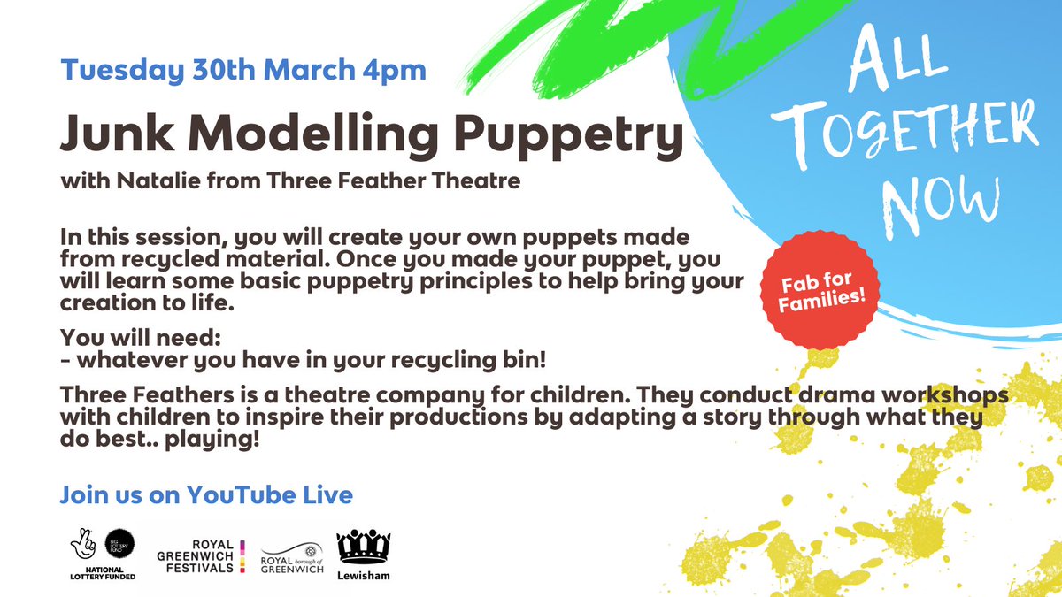 ThreeFeathersT's tweet photo. Excited to announce that we’ll be going live on YouTube for @tramshed_  #AllTogetherNow on March 30th at 4pm. Join us for a junk modelling puppetry session where you will learn to bring your homemade puppets to life!
 
#childrenstheatre #puppetry #junkmodelling #activitesforkids https://t.co/UgPUz70Oab