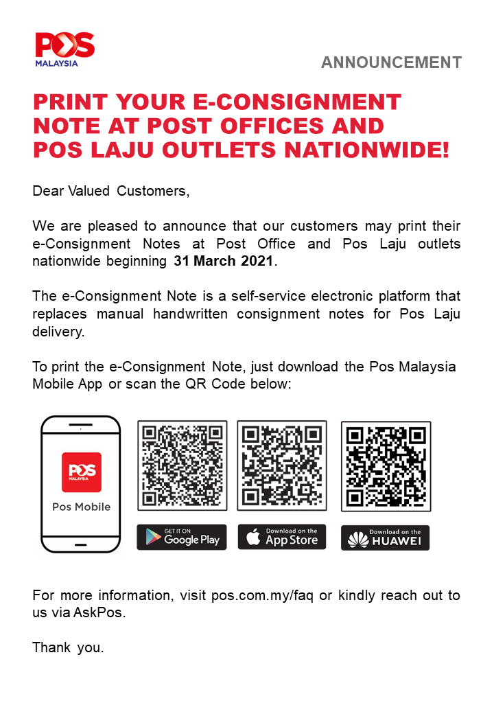 [PENGUMUMAN] CETAK E-NOTA KONSAINAN ANDA DI PEJABAT POS DAN CAWANGAN ...