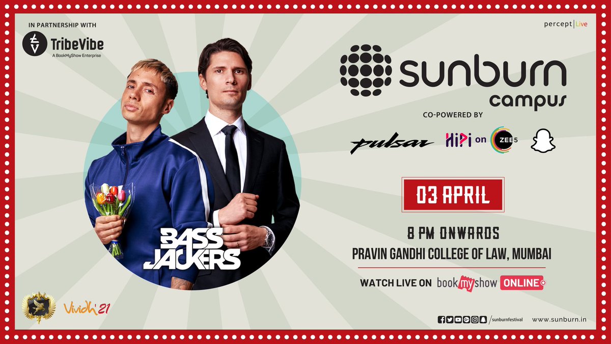 TribeVibeLive's tweet photo. (Continue..)

Link: https://t.co/8OhlUImNxf
RSVP: https://t.co/9AM4RF7L73

@my_pulsar @HiPiOnZee5 @Snapchat 

#TribeVibe #SunburnFestival #Bassjackers #BookMyShow #BajajPulsar #Pulsar #HiPiOnZee5 #PerceptEMC #PulsarTribe #VividhFest #PravinGandhiCollegeofLaw #Mumbai #Snapchat https://t.co/fL4IEhojxT