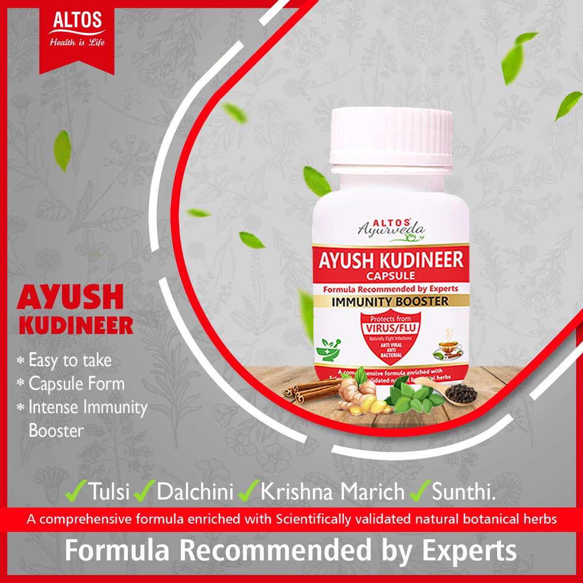 Altos_52's tweet photo. Ayush Kudineer is an extract of Tusli, Dalchini, Krishna, Marich & Sunthi. It helps to boost immune system.
#altoshealthislife #altosIndia #altosayushkudineer #ayushkudineer #easytotake #capsuleform #intenseimmunitybooster #ayurvedic #healthy #healthfood #healthcare https://t.co/xXXTE5BADs