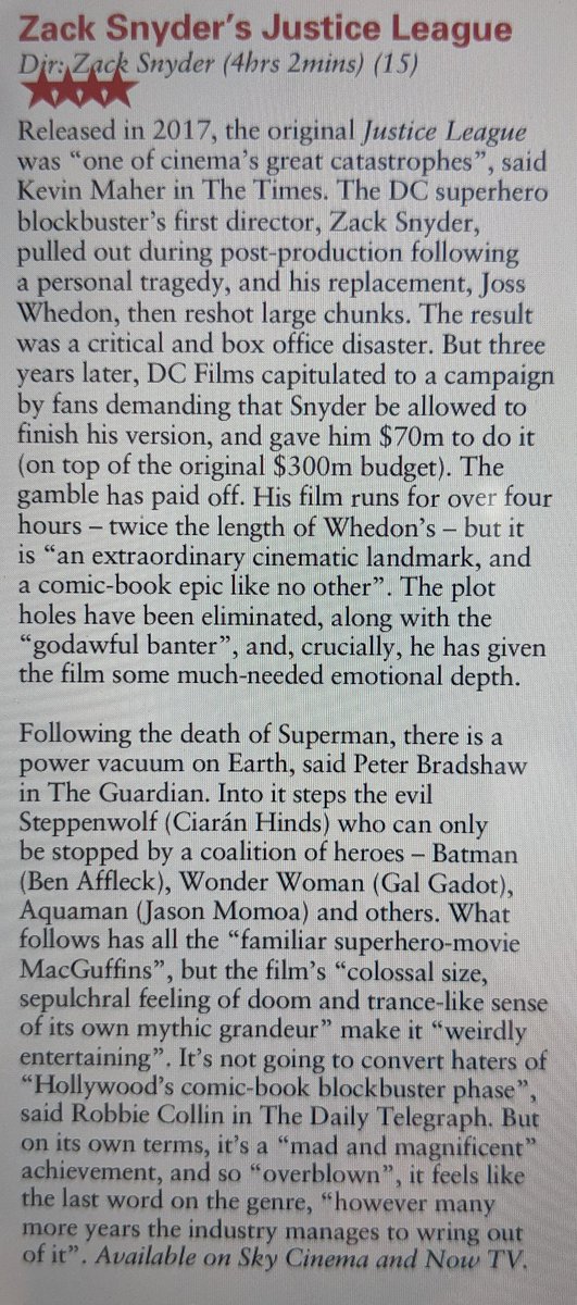 For superhero movie fans who have overcome their Marvel fatigue and are tempted by something of operatic proportions, check out Zach Snyder's 4 hour recut of Justice League. I watched in two sittings and, despite the preposterous and derivative plot, it was a beautiful experience