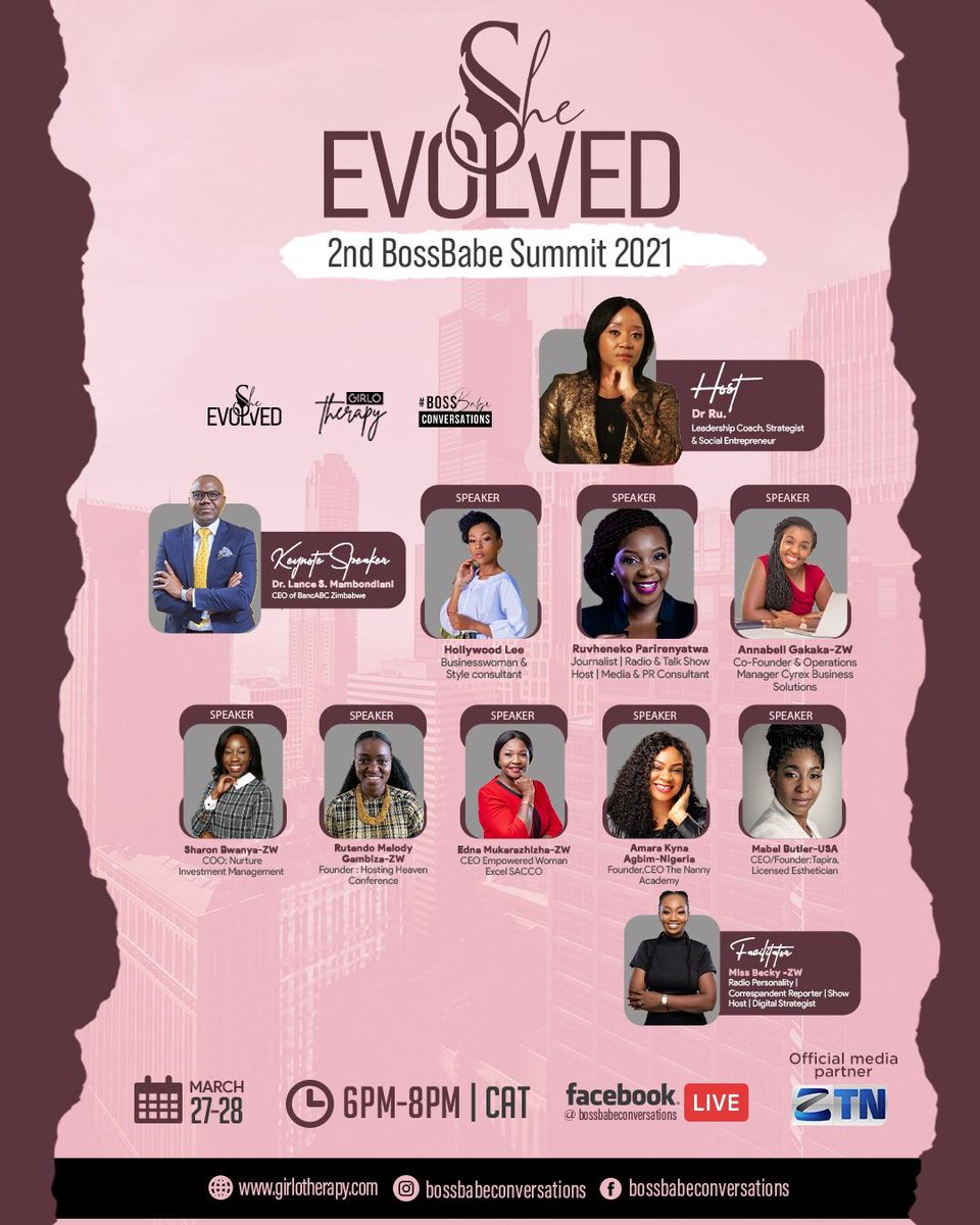 RuvhenekoP's tweet photo. Join us today and tomorrow for the SECOND BOSS BABE SUMMIT.
Speaker Lineup:
@DrMambondiani
Edna Mukurazhizha
Annabell Gakaka
Hollywood Lee
Sharon Bwanya
Rutendo Gambiza
Amara Kyna Agbim
Mabel Butler
Me๐
Our MC @BeccaMissBecky
And our Hostess Dr Ru.
#BossBabeSummit https://t.co/m5HyrSlbd9
