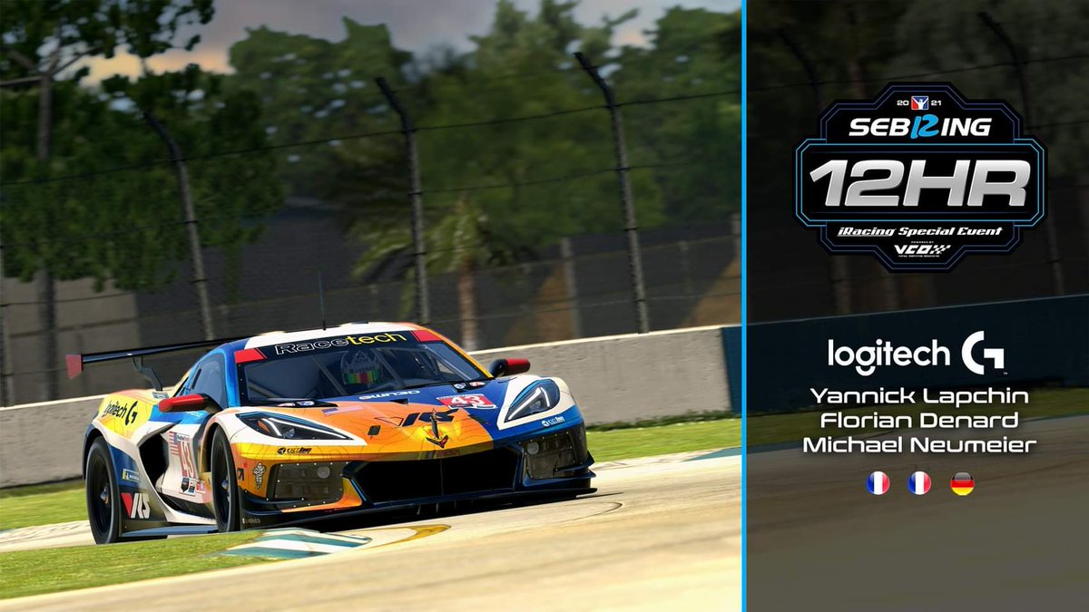 We're excited for this one, the <a href="/iRacing/">iRacing</a> Sebring 12 Hour by <a href="/vcoesports/">VCO 🕹🏎</a>.

We're putting the Corvette C8R into action for the first major event too. 😍

<a href="/YLapchin/">Yannick Lapchin</a> 
<a href="/FlorianDenard/">Florian Denard</a> 
<a href="/Neumeier_M/">Michael Neumeier</a> 

Let's go boys! Going green in 2 hours.
