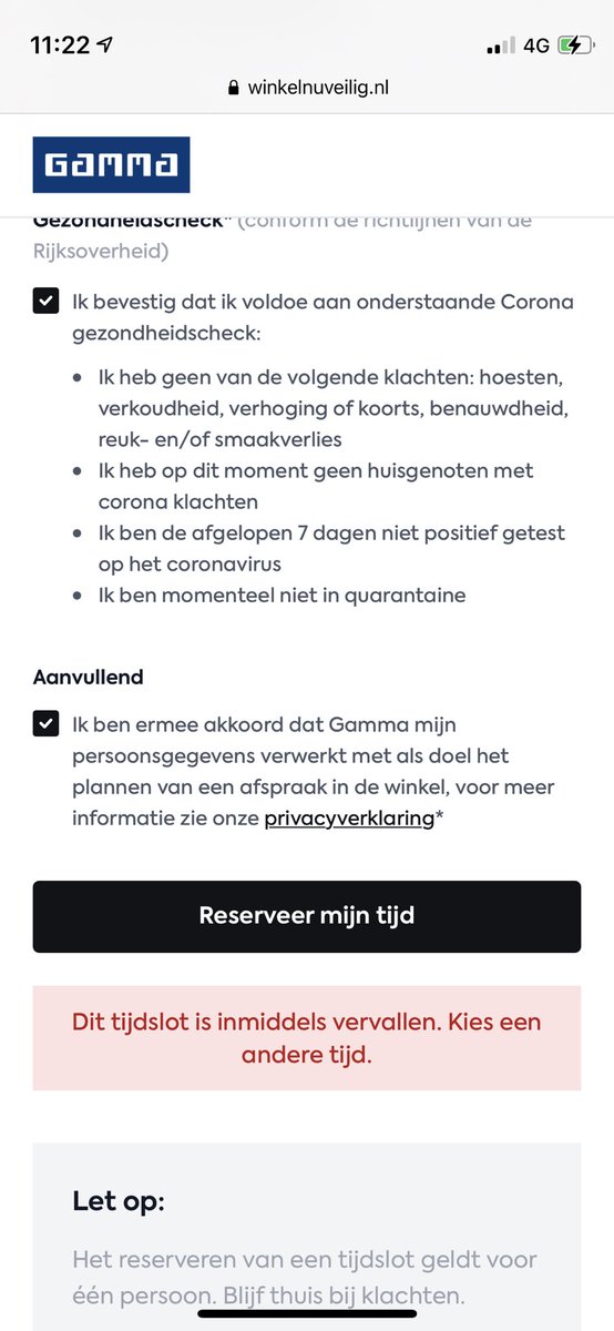 Hi <a href="/gammanl/">GAMMA Nederland</a>. Klopt het dat het onmogelijk is om een winkel afspraak te maken bij Gamma Grootebroek? Ik ben 15 minuten bezig geweest om een tijdslot te kiezen. Bij reserveren duurt het lang voor hij verder gaat en dan opeens is het tijdslot vervallen...