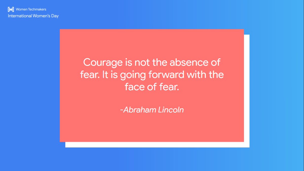 zaarab001's tweet photo. Courage is not the absence of fear. it is going forward with the face of fear.
-Abraham Lincoln

#CourageToCreate #IWD2021 #WTMWestAfrica #WTMSSA
@wtmAccra @MonroviaWtm @WTMKumasi https://t.co/6jdbaS5VDe